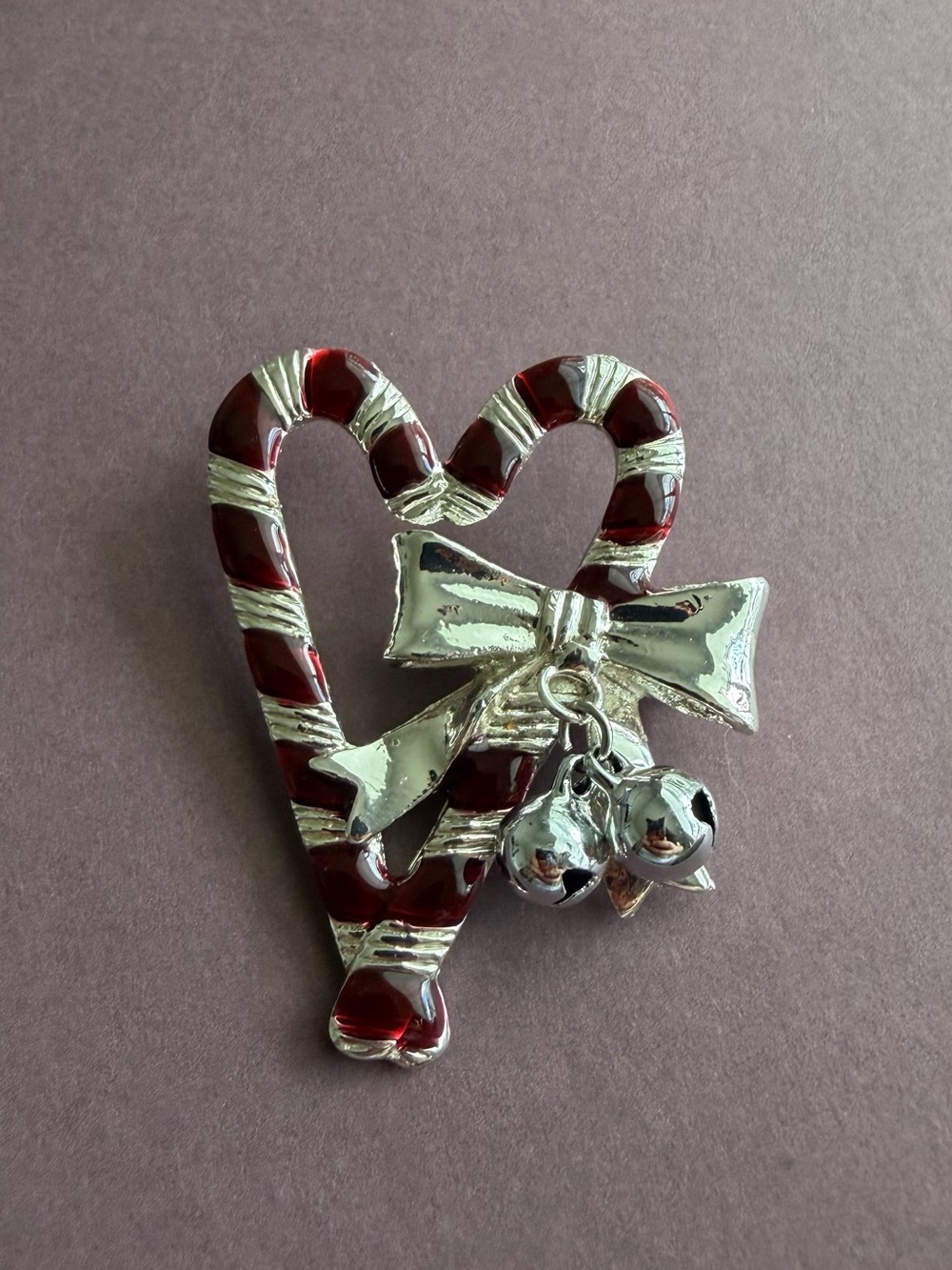 Silver & Red Candy Cane Heart Brooch with Bells